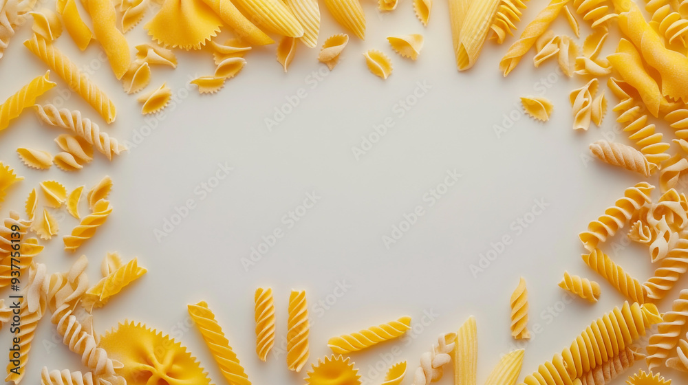 Obraz premium An assortment of uncooked pasta varieties arranged in a decorative pattern on a light background for culinary inspiration