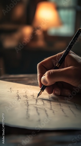 Writer is working at night, using a fountain pen to write a letter on a sheet of paper under the warm light of a lamp photo