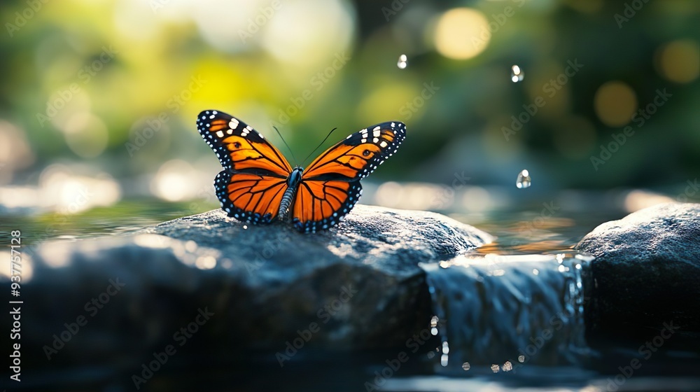Obraz premium Butterfly Perched on Fountain Edge, Water Droplet Adding a Touch of Elegance photo