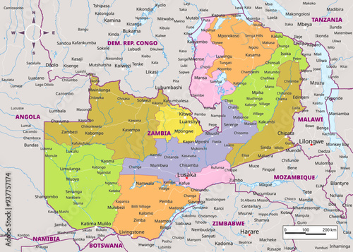 Detailed political map of Zambia