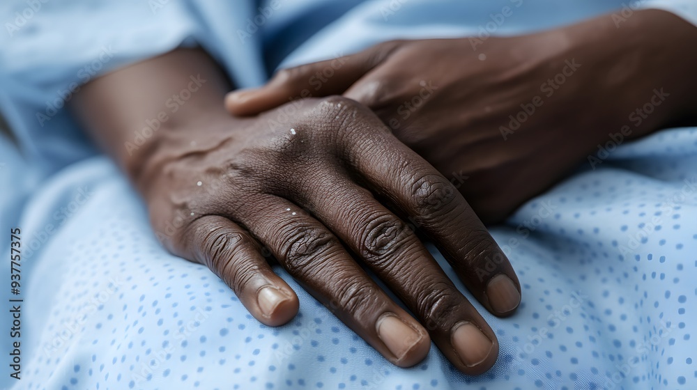 Fototapeta premium African American patient's hand with small white spots, emphasizing skin texture, while resting in a hospital bed. Symbolizing care and diversity in healthcare