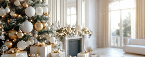 Festive christmas tree with golden and white ornaments in a well-lit living room, creating a cozy holiday ambiance