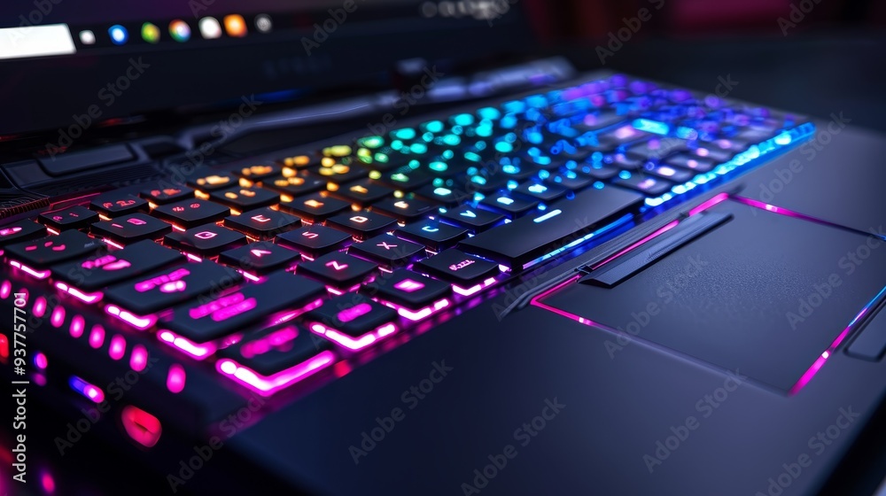 Close-up of a backlit laptop keyboard with colorful RGB lighting. The keyboard is illuminated with a spectrum of colors. Close-up of a backlit laptop keyboard with colorful RGB lighting. The keyboard is illuminated with a spectrum of colors.