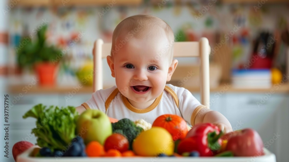 Healthy cute caucasian baby boy have, eat vegan raw supplementary food at home in his highchair. Healthy cute caucasian baby boy have, eat vegan raw supplementary food at home in his highchair.