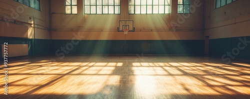 Sunbeams illuminating an empty basketball court through large windows, creating a captivating interplay of light and shadow on the polished wooden floor