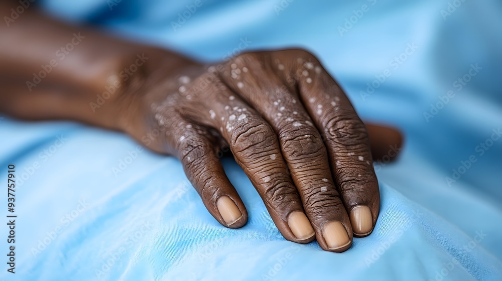 Fototapeta premium African American patient's hand with small white spots, emphasizing skin texture, while resting in a hospital bed. Symbolizing care and diversity in healthcare
