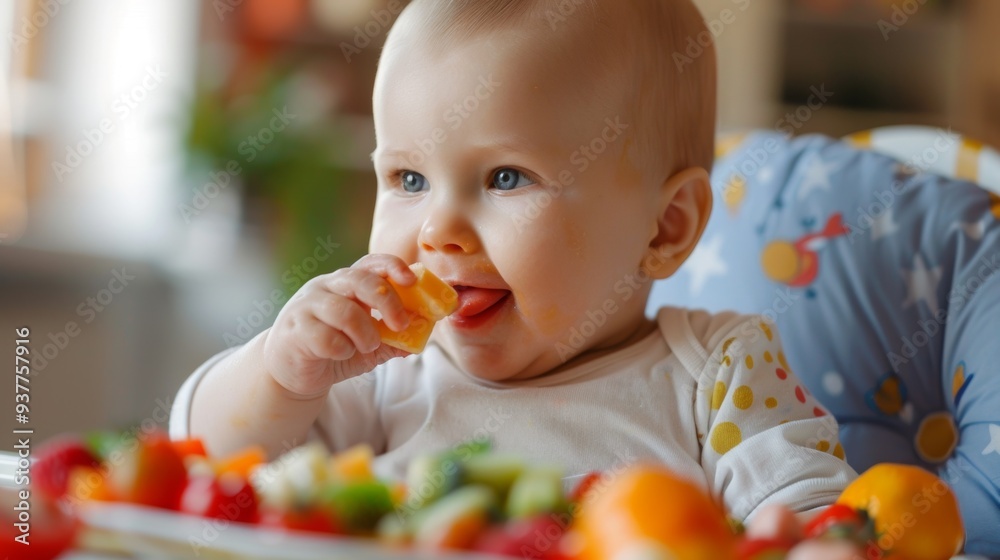 Healthy cute caucasian baby boy have, eat vegan raw supplementary food at home in his highchair. Healthy cute caucasian baby boy have, eat vegan raw supplementary food at home in his highchair.