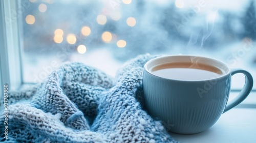 Cozy Winter Morning: Steam, Tea, and Knit Blanket