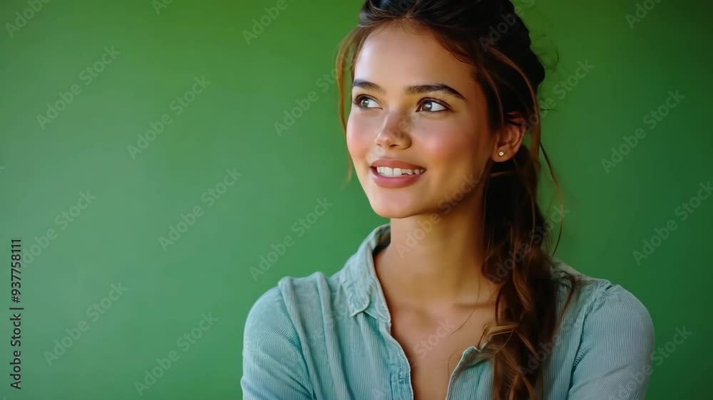 Enchanting video portrait of a smiling young woman with long wavy hair and subtle makeup. Green screen backdrop for diverse video content creation and marketing purposes