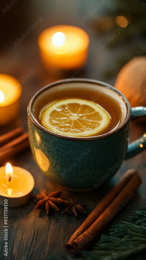 Enjoy a warm cup of tea with lemon, cinnamon, and star anise by candlelight for a cozy winter evening. Perfect for relaxation and holiday cheer. Rustic wood table adds festive charm Enjoy a warm cup of tea with lemon, cinnamon, and star anise by candlelight for a cozy winter evening. Perfect for relaxation and holiday cheer. Rustic wood table adds festive charm
