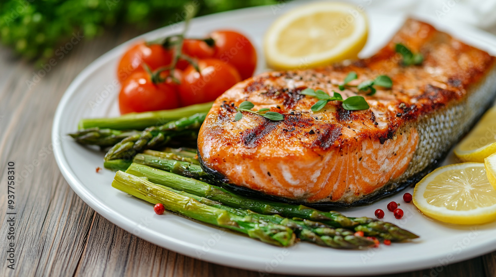 Grilled salmon with asparagus and cherry tomatoes served with lemon slices on a white plate at a rustic wooden table Grilled salmon with asparagus and cherry tomatoes served with lemon slices on a white plate at a rustic wooden table