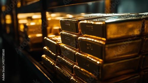 Gold bullion bars stacked neatly in a secure vault showcasing wealth and investment opportunities during a dimly lit environment photo