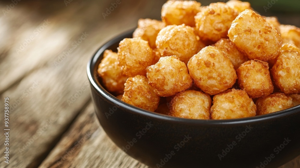 Black bowl is overflowing with crispy golden brown tater tots on a rustic wooden table. Perfect for showcasing comfort food, appetizers, or side dishes Black bowl is overflowing with crispy golden brown tater tots on a rustic wooden table. Perfect for showcasing comfort food, appetizers, or side dishes