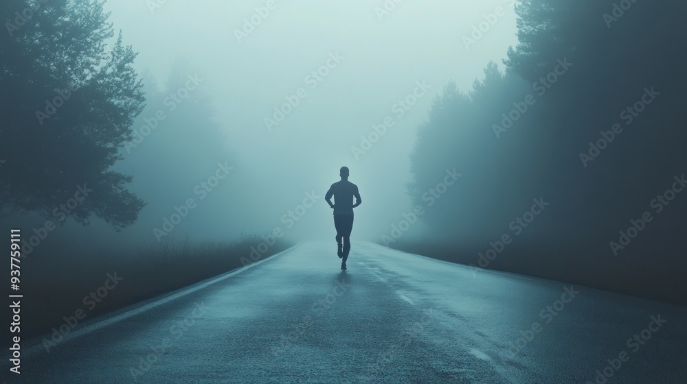 Silhouette of a Runner in a Misty Forest Silhouette of a Runner in a Misty Forest