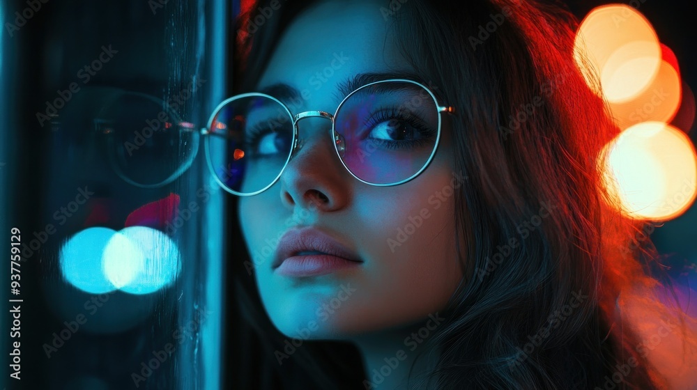 Woman with glasses in neon light Woman with glasses in neon light