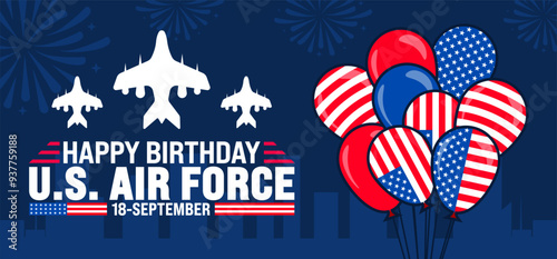US Air Force birthday background or banner design template with usa flag balloon and usa airplane. Holiday concept. Template for background, banner, card, poster, placard, design template
