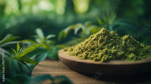 Green powder sits on a wooden bowl in a lush, sunlit cannabis garden during the afternoon photo