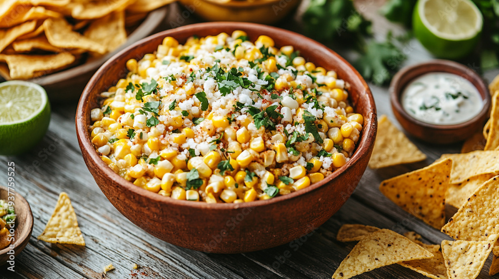 Delicious bowl of corn salad with lime wedges and tortilla chips on a wooden table, perfect for summer gatherings or parties Delicious bowl of corn salad with lime wedges and tortilla chips on a wooden table, perfect for summer gatherings or parties