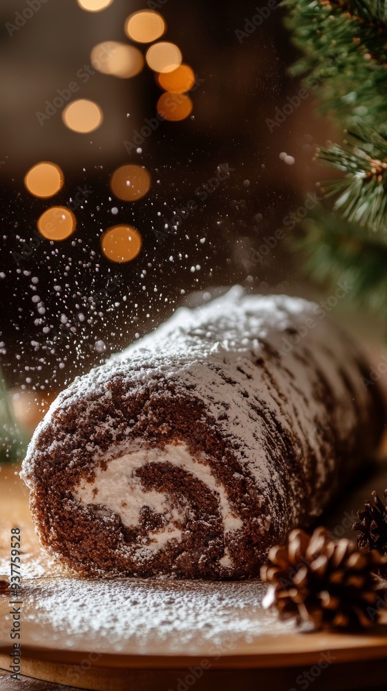 Chocolate sponge roll cake with cream filling is being dusted with powdered sugar on a wooden board with christmas lights in the background Chocolate sponge roll cake with cream filling is being dusted with powdered sugar on a wooden board with christmas lights in the background
