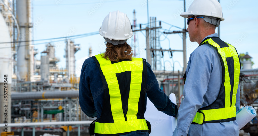 Team Petroleum chemical engineer discussion about blueprint drawings inside Oil Refinery Gas Chemical site. Senior Engineer wearing safety jacket and PPE working about Petro Chemical plant Team Petroleum chemical engineer discussion about blueprint drawings inside Oil Refinery Gas Chemical site. Senior Engineer wearing safety jacket and PPE working about Petro Chemical plant