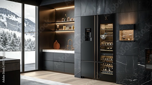 Luxurious Kitchen Design with Black Oak Wall, Dark Refrigerator, and White Marble Countertop | Lris Millefiori-Inspired Style with Light Wood Floors and Matte Black Accents photo