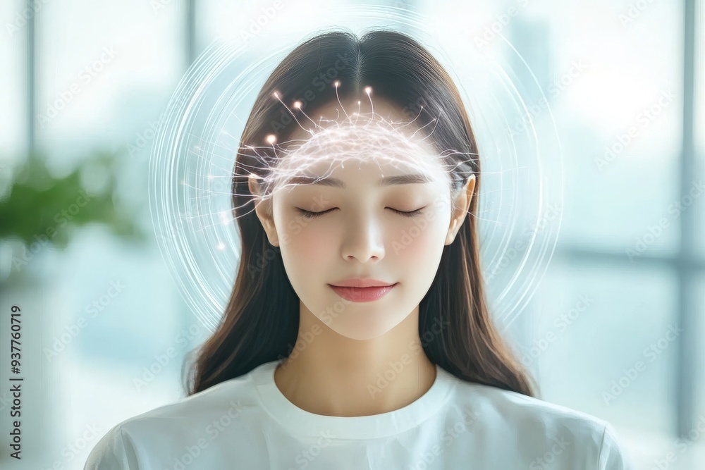 Serene Portrait of a Woman Meditating with Glowing Neural Networks Surrounding Her Head Representing Inner Peace Cognitive Focus and the Tranquility of a Mind in Harmony Serene Portrait of a Woman Meditating with Glowing Neural Networks Surrounding Her Head Representing Inner Peace Cognitive Focus and the Tranquility of a Mind in Harmony