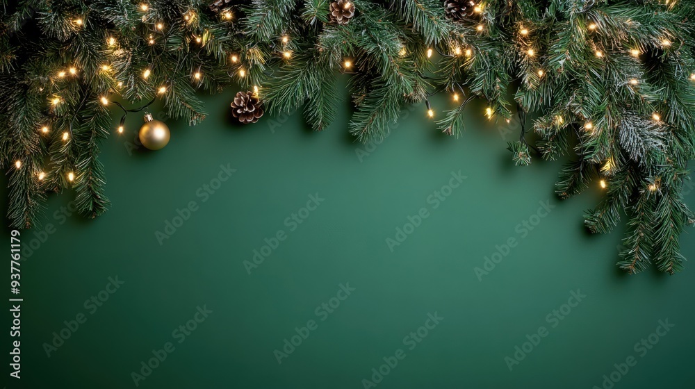 Festive Christmas Garland with Twinkling Lights on Green Background Festive Christmas Garland with Twinkling Lights on Green Background