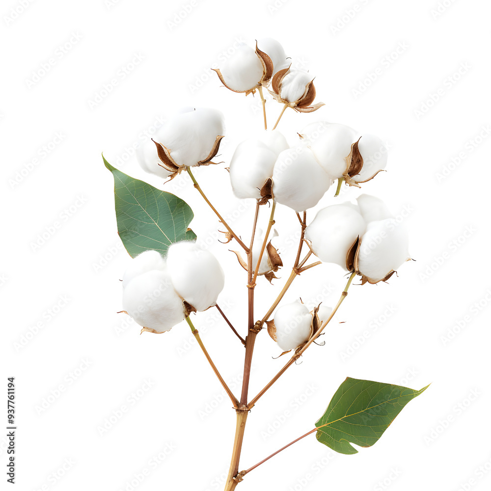 Fluffy cotton branch with green leaves isolated transparent background Fluffy cotton branch with green leaves isolated transparent background