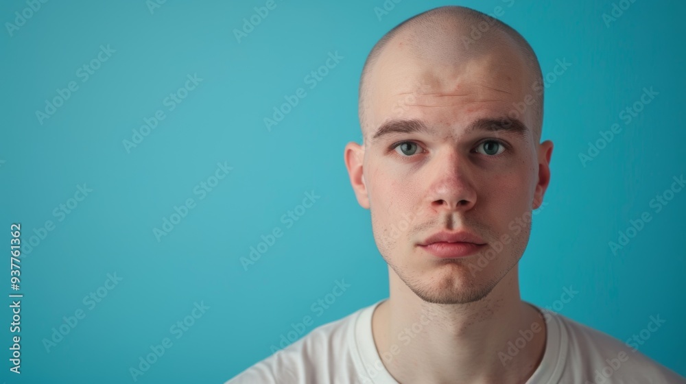 Fototapeta premium A striking and captivating profile portrait featuring a young bald man set against a beautiful blue sky backdrop