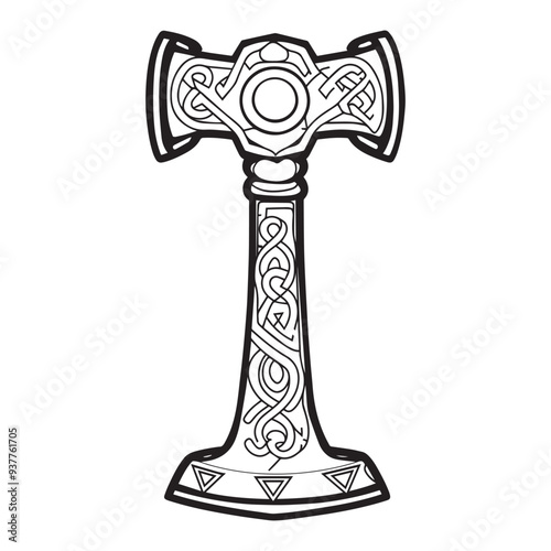 Celtic Tree of Life Clipart, Celtic Tree  Silhouette - Norse Mjolnir illustration in black and white