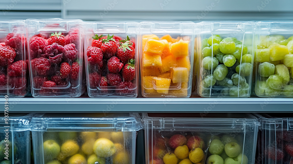 Freshly stored berries and fruits in transparent containers organized on a shelf for easy access in a kitchen or grocery store Freshly stored berries and fruits in transparent containers organized on a shelf for easy access in a kitchen or grocery store