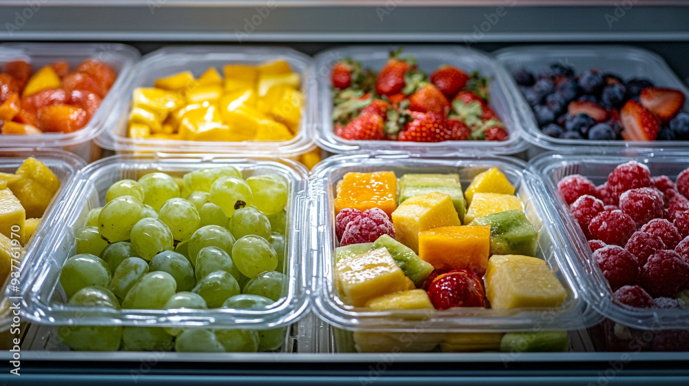 Freshly cut seasonal fruits in clear containers neatly organized in a refrigerator during daylight Freshly cut seasonal fruits in clear containers neatly organized in a refrigerator during daylight