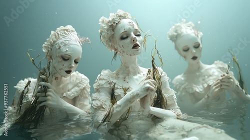 Halloween mermaids, seaweed witch costumes, deep sea environment, 3D illustration