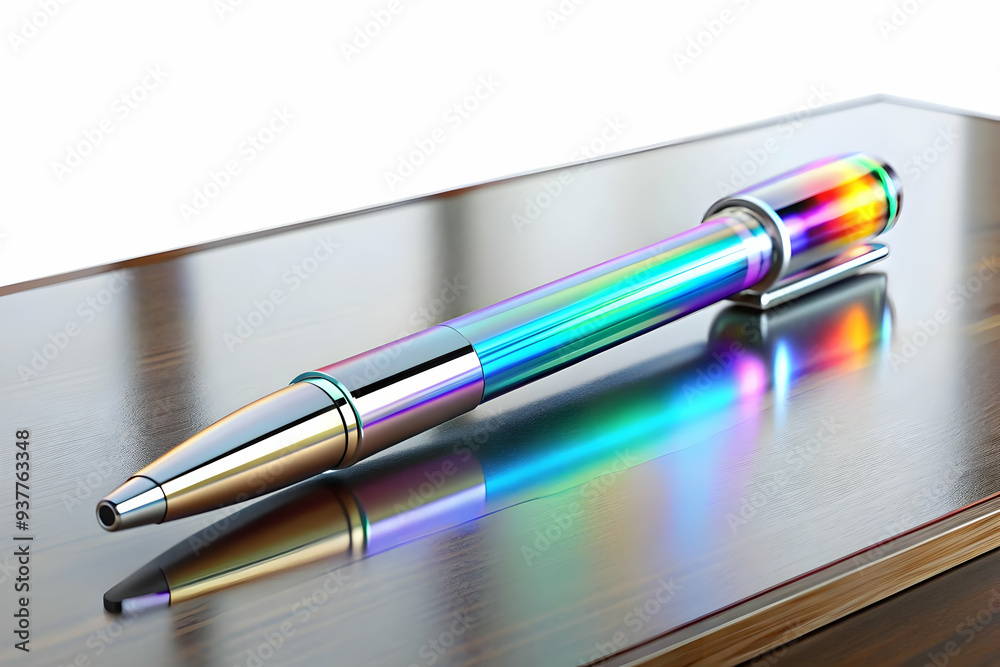 3D Glossy Holographic Pen on Clean Desk Concept - Sleek Pen with Holographic Patterns Glowing Softly on White Desk - Isolated White Background Icon 3D Glossy Holographic Pen on Clean Desk Concept - Sleek Pen with Holographic Patterns Glowing Softly on White Desk - Isolated White Background Icon