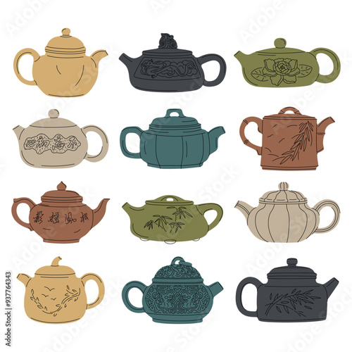 Set of traditional Asian ceramic teapots in simple flat style. Japanese and chinese tea ceremony, vector doodle illustration isolated on white background, hand drawn art. Retro teaware, stickers icons