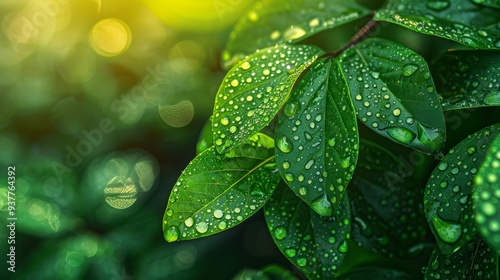 Close-up of lush green leaves glistening with dew drops, illuminated by the warm morning sun.