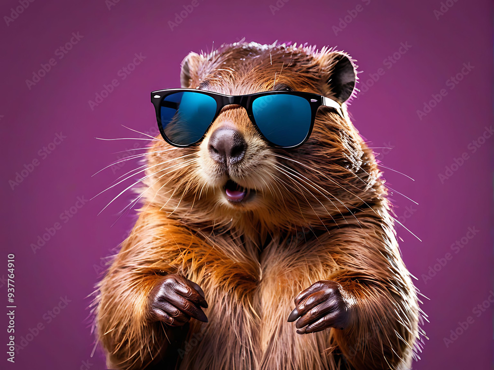 A Beaver Wearing Stylish Sunglasses on a Vibrant Solid Color Background A Beaver Wearing Stylish Sunglasses on a Vibrant Solid Color Background