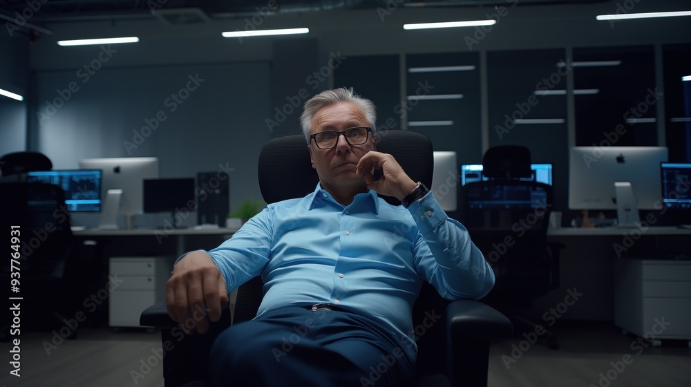 An introspective business executive sits in a sleek office chair, contemplating new strategies as the glow of computer screens illuminates the dark, modern workspace An introspective business executive sits in a sleek office chair, contemplating new strategies as the glow of computer screens illuminates the dark, modern workspace