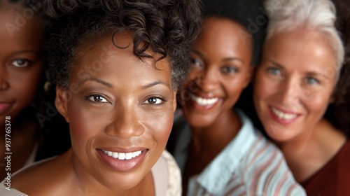 Four women of different backgrounds and ages smile joyfully together, showcasing their friendship and diversity in a cozy, light-filled environment