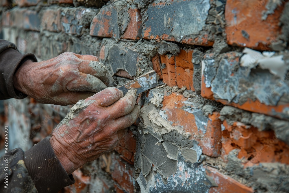 Close-up of weathered hands repairing a brick wall with mortar. Close-up of weathered hands repairing a brick wall with mortar.