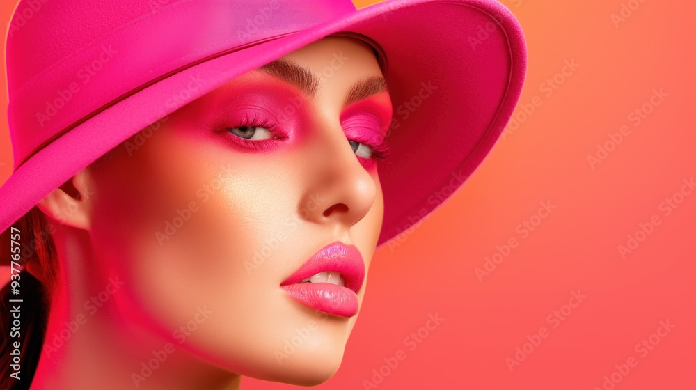 A model poses with striking pink eye makeup and bold lip color, wearing a wide-brimmed hat. The vibrant background creates an energetic atmosphere A model poses with striking pink eye makeup and bold lip color, wearing a wide-brimmed hat. The vibrant background creates an energetic atmosphere