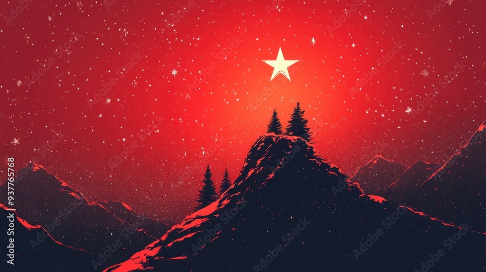 Fototapeta premium Glowing Christmas Star Atop Snowy Mountain with Vivid Red Sky - Festive Holiday Background