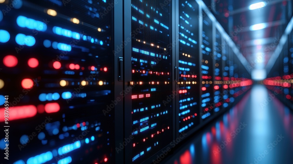 A high-tech data center hallway with rows of sleek black servers illuminated by neon blue and red lights, with reflective surfaces enhancing the glow, creating a vibrant and dynamic atmosphere.
A high-tech data center hallway with rows of sleek black servers illuminated by neon blue and red lights, with reflective surfaces enhancing the glow, creating a vibrant and dynamic atmosphere.