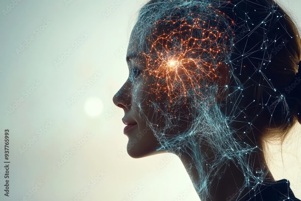 Abstract Profile of a Woman with Glowing Neural Networks Highlighting Her Brain Symbolizing Cognitive Energy Advanced Thought Processes and the Fusion of Mind and Technology in a Futuristic Setting Abstract Profile of a Woman with Glowing Neural Networks Highlighting Her Brain Symbolizing Cognitive Energy Advanced Thought Processes and the Fusion of Mind and Technology in a Futuristic Setting