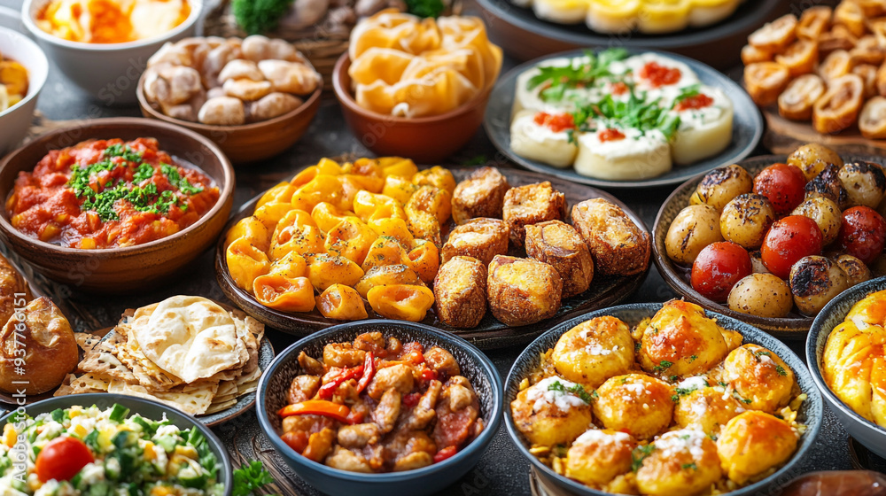 A vibrant spread of assorted dishes including dumplings, roasted vegetables, and salads served at a festive gathering in a cozy dining setting A vibrant spread of assorted dishes including dumplings, roasted vegetables, and salads served at a festive gathering in a cozy dining setting