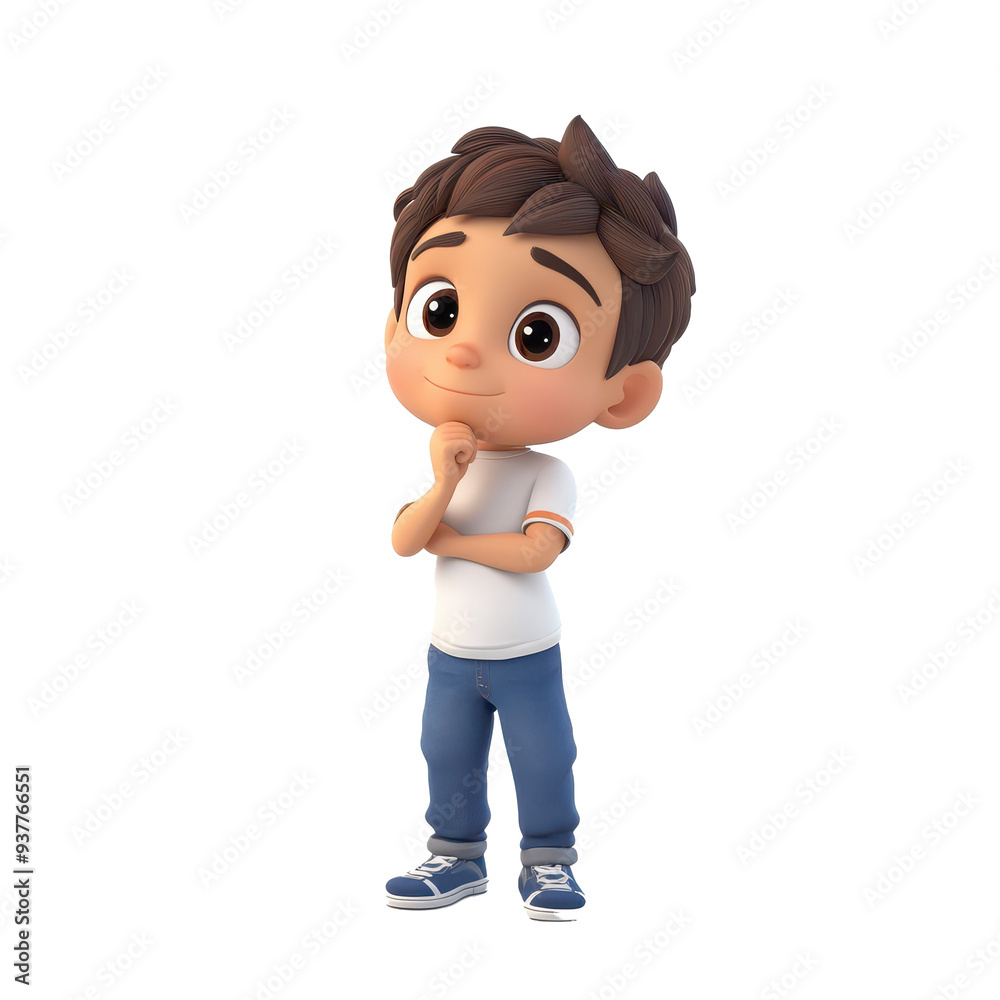 A cheerful cartoon boy with brown hair, wearing a white shirt and blue jeans, posing thoughtfully with an expression of curiosity. A cheerful cartoon boy with brown hair, wearing a white shirt and blue jeans, posing thoughtfully with an expression of curiosity.