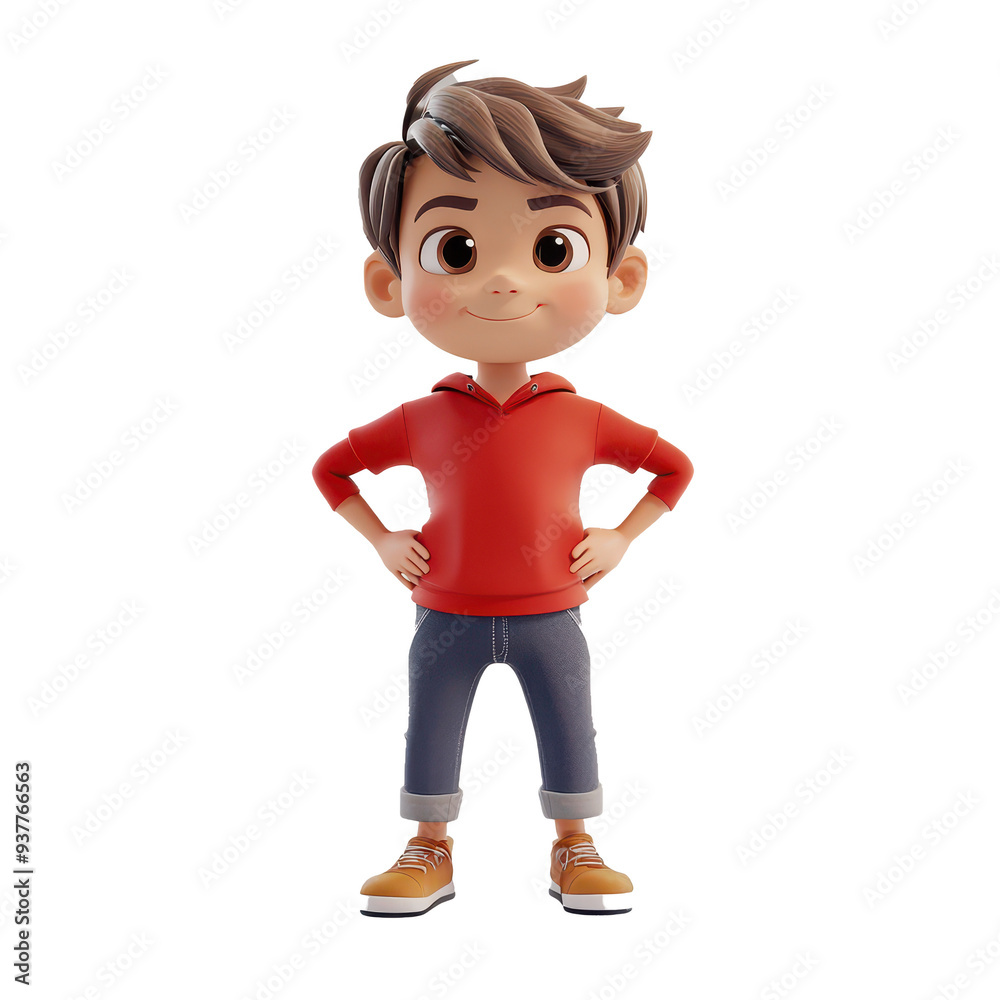 A cheerful cartoon boy with brown hair, wearing a red hoodie and jeans, standing confidently with hands on hips. A cheerful cartoon boy with brown hair, wearing a red hoodie and jeans, standing confidently with hands on hips.