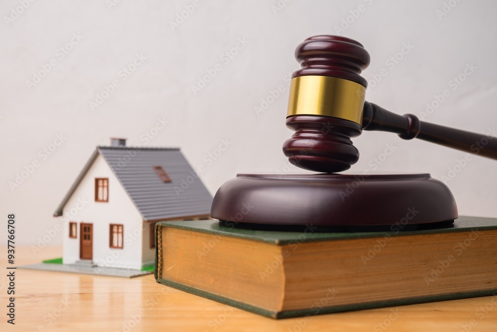 Hammer judge gavel on law textbook, house model with white wall background. Foreclosure, bankruptcy, legal concept. Person is unable to reply outstanding debts or obligations, stops mortgage payment. Hammer judge gavel on law textbook, house model with white wall background. Foreclosure, bankruptcy, legal concept. Person is unable to reply outstanding debts or obligations, stops mortgage payment.