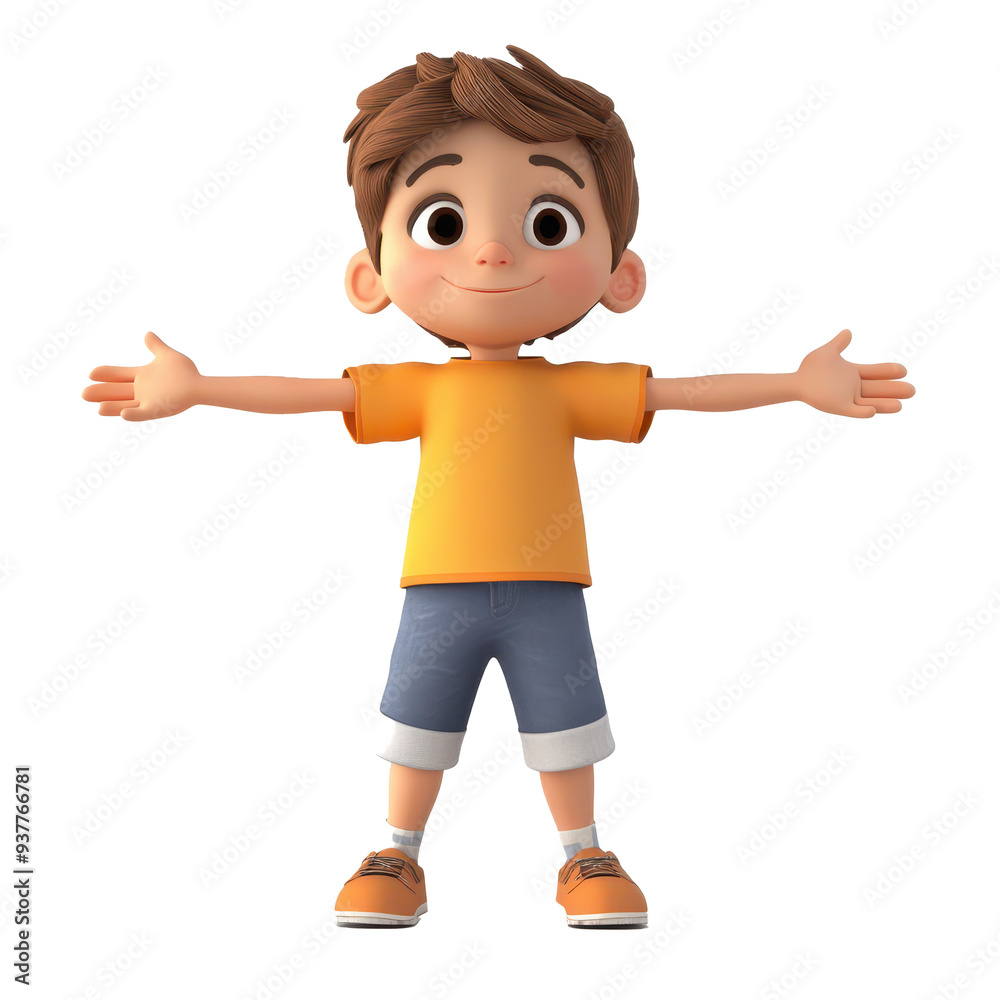 A cheerful cartoon boy with open arms, dressed in a bright orange shirt and shorts, exuding joy and friendliness. A cheerful cartoon boy with open arms, dressed in a bright orange shirt and shorts, exuding joy and friendliness.