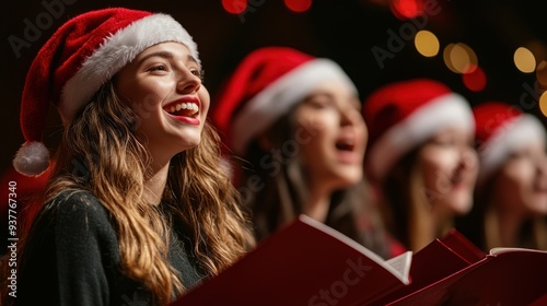 Festive Christmas Choir Singing Traditional Hymns against Vibrant Red Background